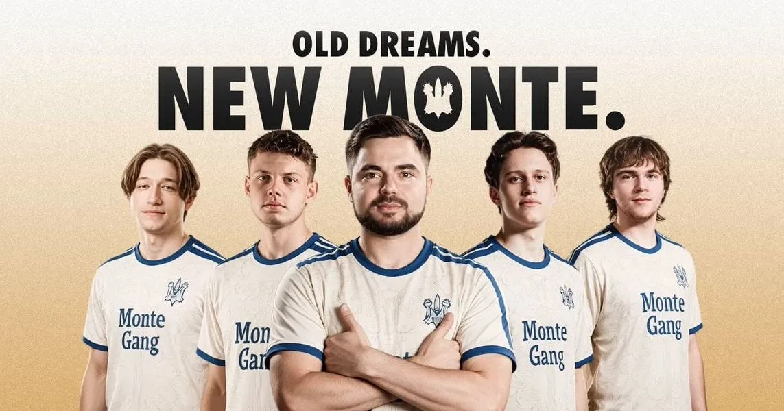 Пятеро игроков нового состава Monte в светлых джерси под надписью «Old dreams. New Monte.»