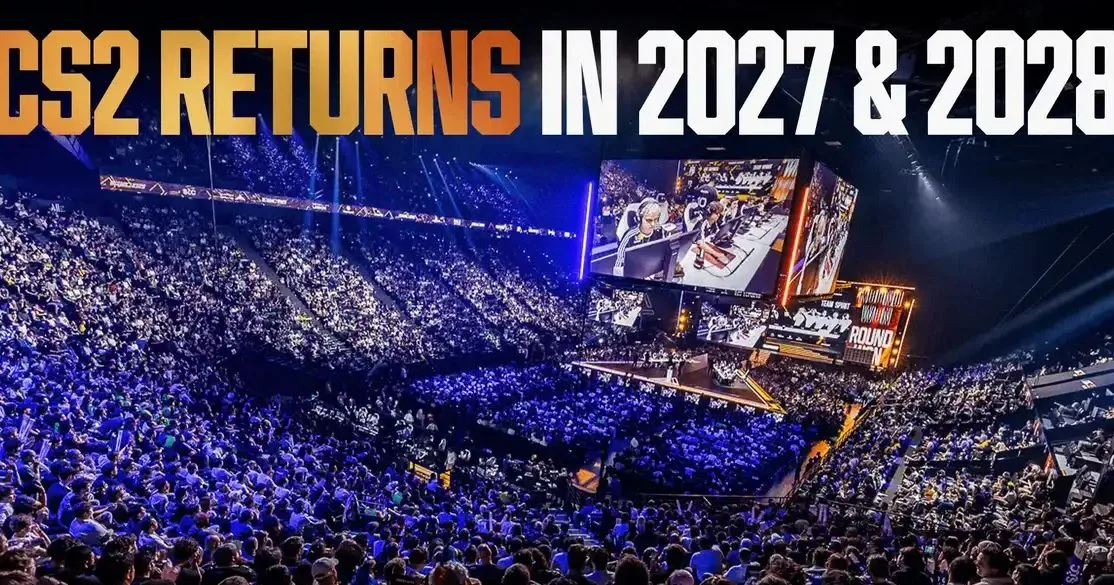 Промо-баннер EWC «CS2 Returns in 2027 & 2028» на фоне заполненной арены