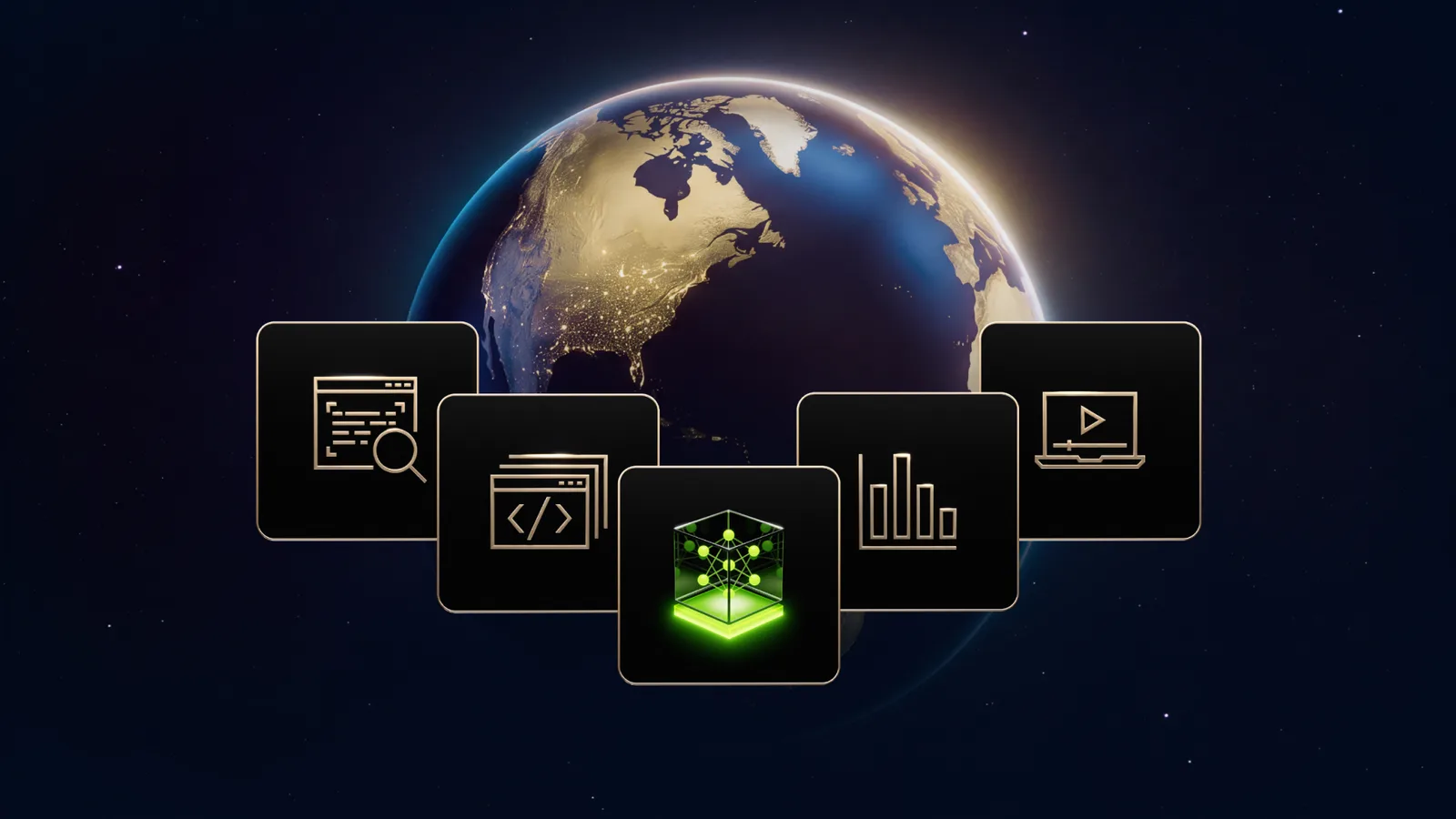 Иллюстрация NVIDIA: значки агентных задач на фоне Земли