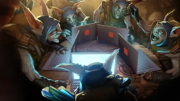 Иллюстрация: гоблины-техи за ноутбуками с логотипом Dota 2