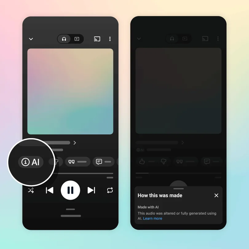 Метка об использовании генеративного ИИ на экране плеера YouTube Music